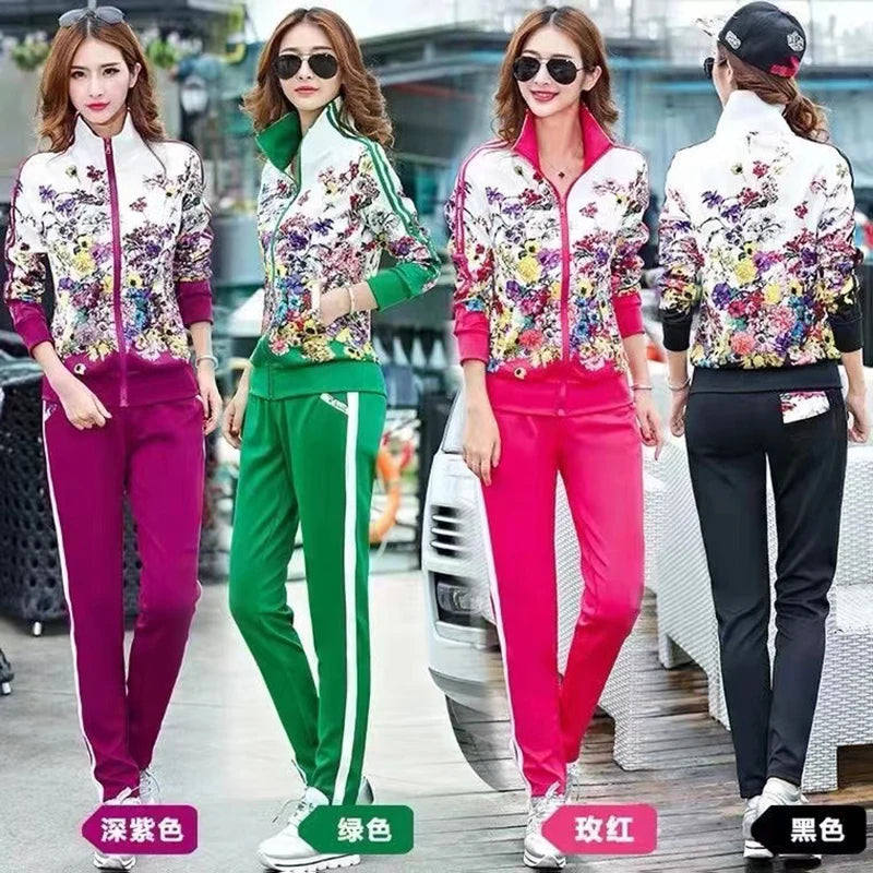 2024 Women's Casual Sports Suits Spring New Print Jacket+Lenght Pants Two Sets Lady Sportswear Suit racksuits Set 6XL