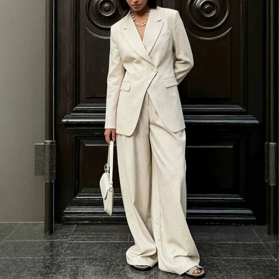 Women Beige Linen Lapel Blazer Wide Leg Pants Suit Notched Collar Straight Cuff Outfit 2026 Office Commute Elegant Street Sets