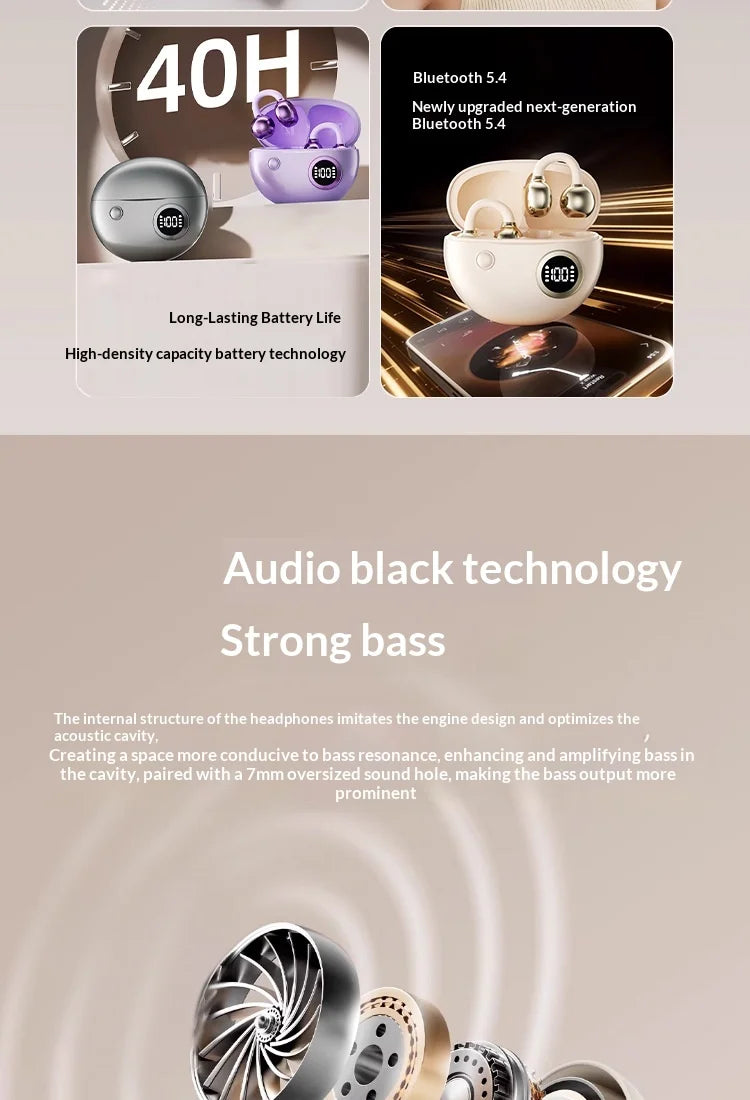 Portable Clip-on Earphones Wireless Bluetooth 5.3 Earbuds Hi-Fi Sound Super Long Battery Life Digital Display Noise Reduction