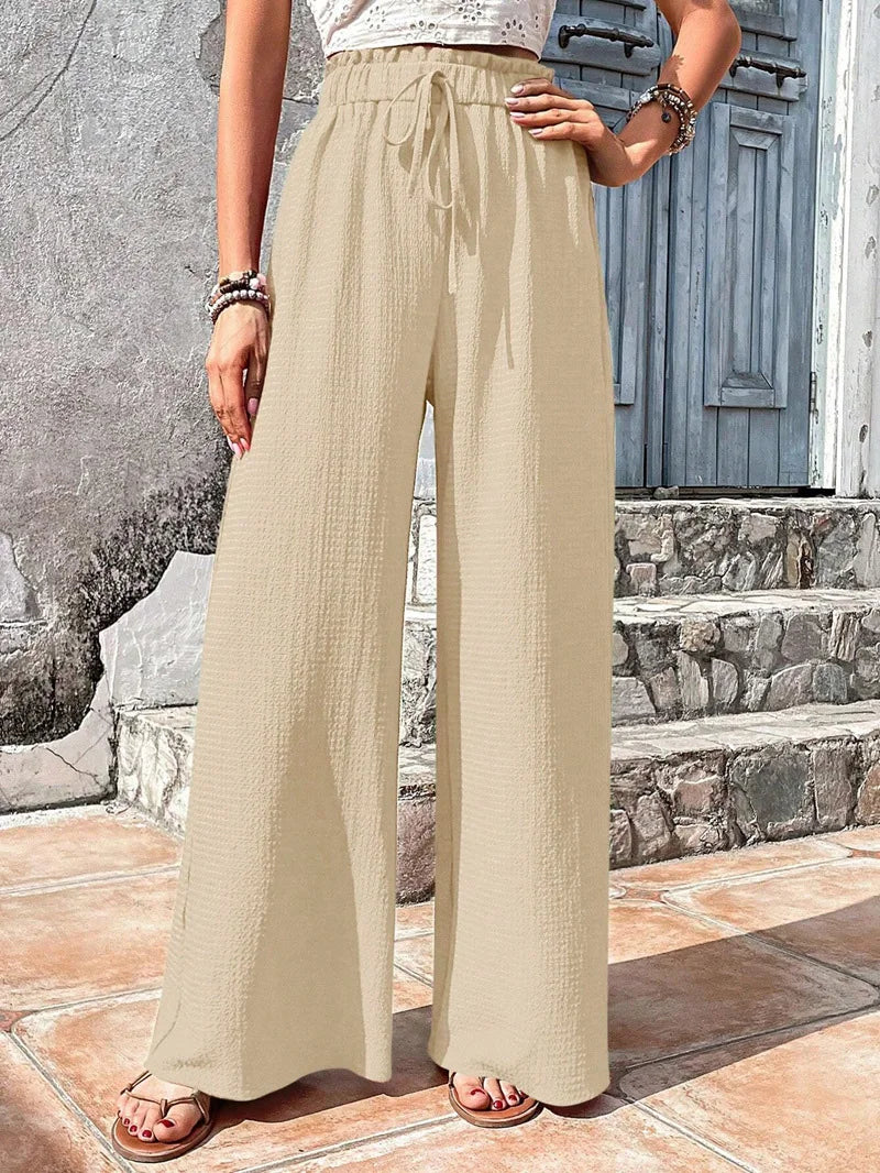 Women's Plain Frill Trim Drawstring Waist Wide Leg Pants, Boho Casual High Waist Trousers for Daily Outdoor Wear, Ladies Bottoms
