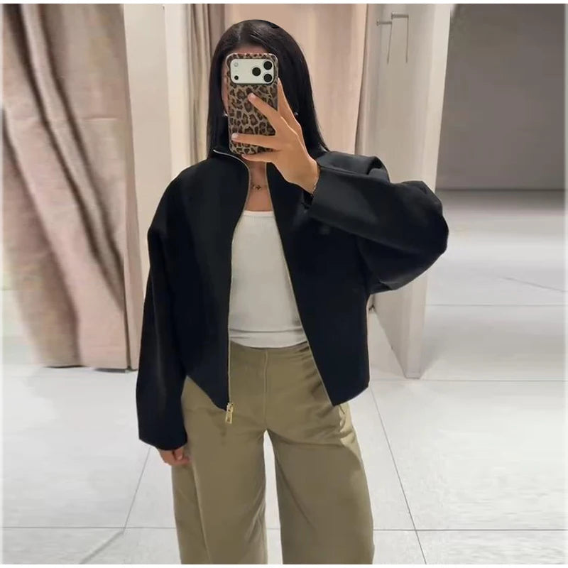 Elegant Knitted Zipper Women's Sweater Solid Full Sleeve Stand Collar Loose Open Stitch Female 2026 Fashion Autumn Outwear Lady