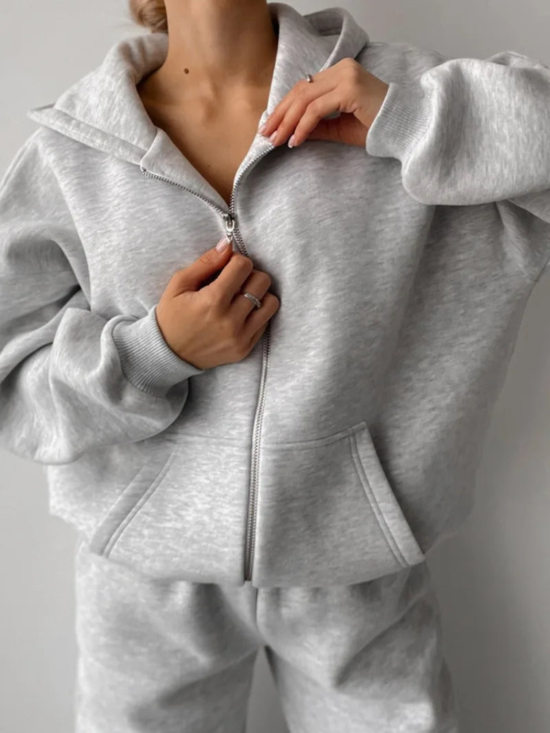 Women's Casual Suit Solid Color Long Sleeve Hooded Cardigan Pocket Sweater Elastic Pants Two-piece Set
