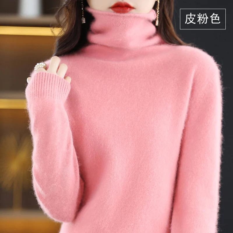 Women's Pile Collar 100% Mink Cashmere Sweater Winter High Collar Knitted Pullover Casual Short Thick Tops Loose Warm Base Shirt