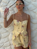 Print Spaghetti Strap Shorts Set Women Chic Boned Shaping French Floral Ruffled Waist Corset Set 2026 Lady Summer Daily Outfit