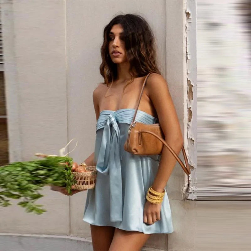 Women's Satin Bow Party Mini Dress Backless Strapless Sleeveless Short Robes Vacation Slim Fit Vestidos 2026 New Lady Streetwear