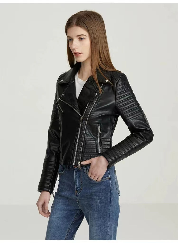 Vintage Women Leather jackets Faux Leather Moto Spring Bomber Jacket Two Zippers Drive Biker Coat PU Windbreak Outwear Autumn