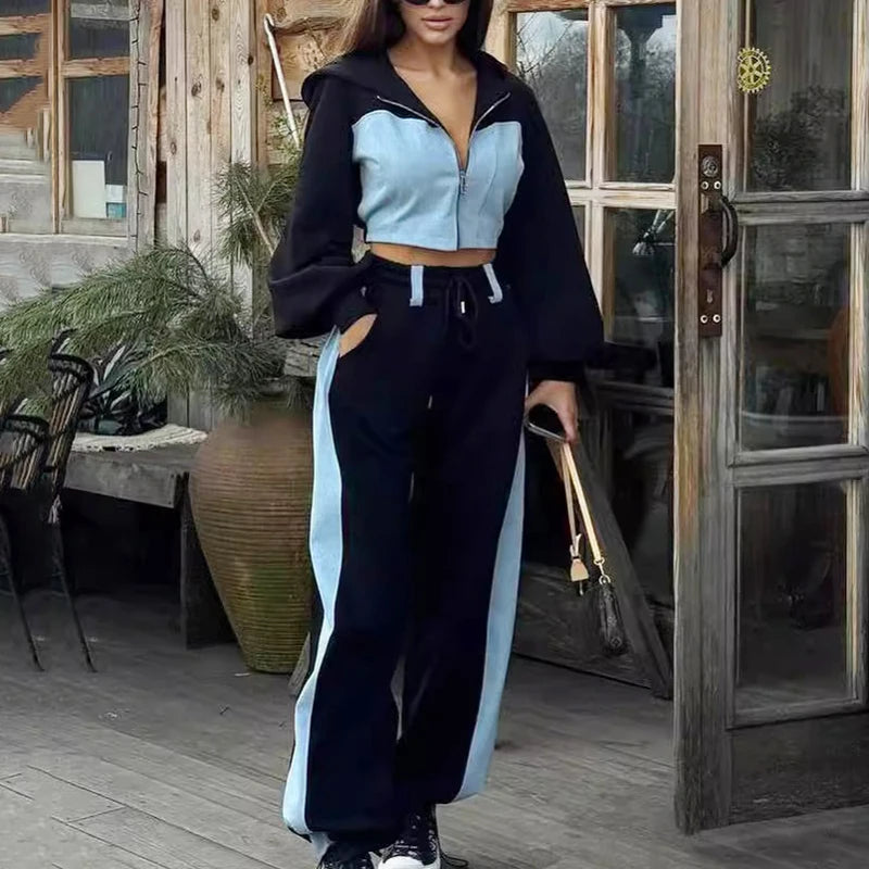 Hoodie Patchwork Denim 2 Piece Sets Women Outfit Slim Hoodies Crop Top Wide Leg Sweatpants Suit Streetwear Casual Tracksuits