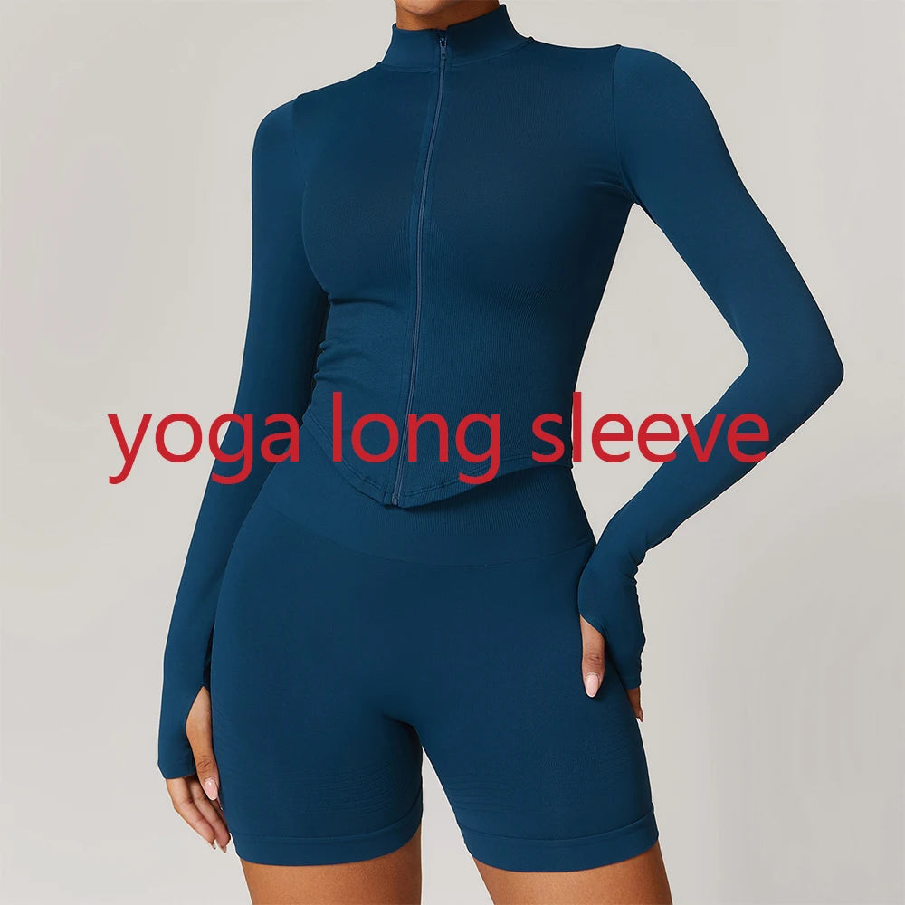 Zipper Yoga Shirts For Women Long Sleeve Seamless Fitness Running Gym Jacket Workout Dry Fit Breathable High Elastic Sports Top
