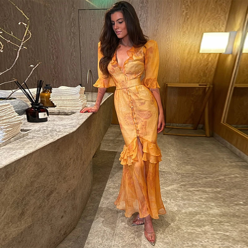 Sexy Print Women Long Dress Urban V-neck Single Breasted Ruffles Half Sleeve Female Dresses 2026 Spring Autumn Lady Robe
