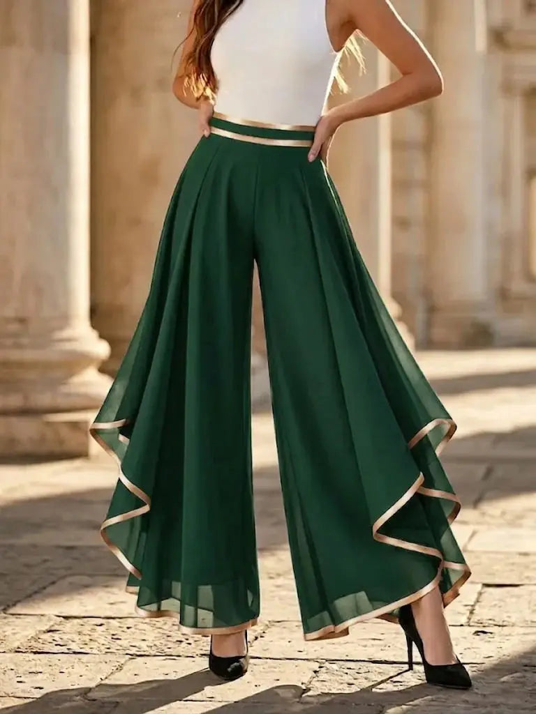 Women's Loose Pants Summer Fashion Versatile Casual Chiffon Wide Leg Pants Gold Trim Flowy Ruffle Hem Casual Palazzo Pants