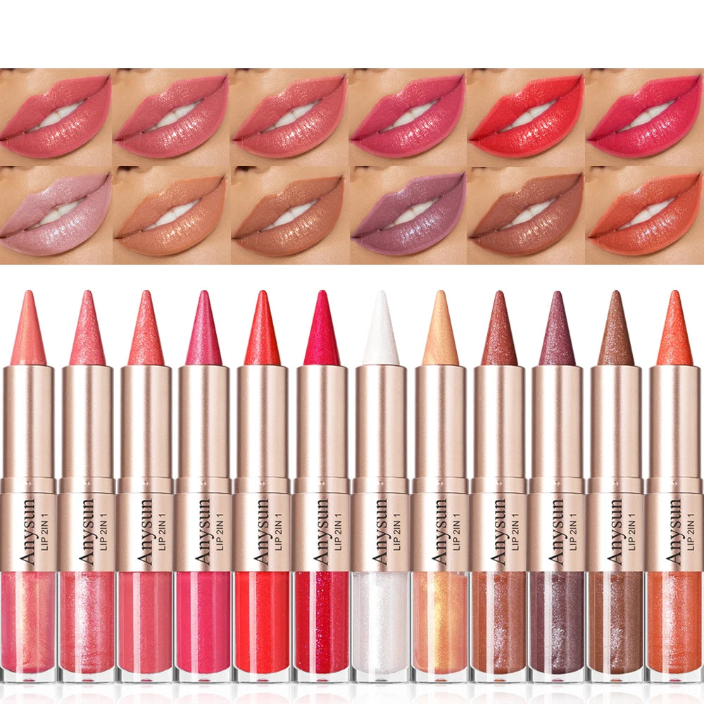 Double Head 2-in-1 Lip liner+Lip Gloss Waterproof and Durable Fine Shiny Mirror Gloss