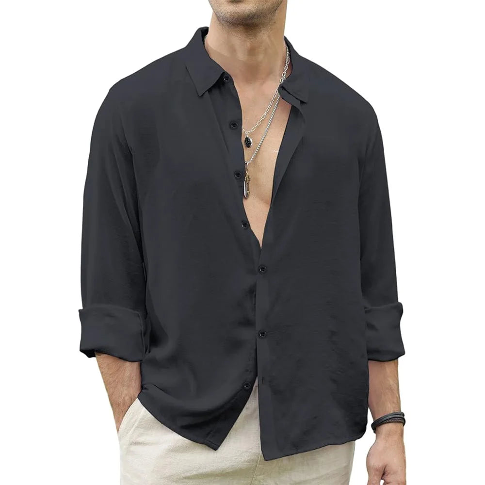 Men Beach Shirts Cotton Linen Shirts Men's Causal Loose Solid Color Long Sleeves Men's Autumn Hawaiian Streetwear