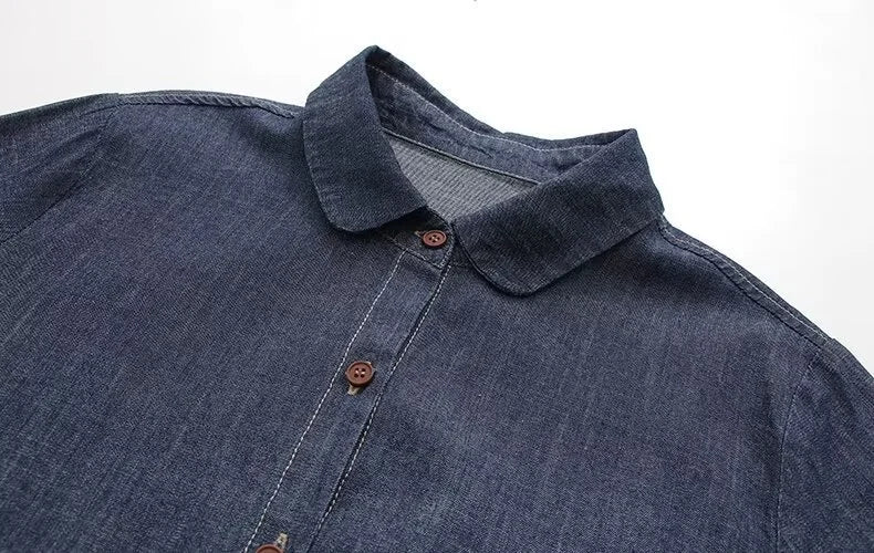 Mori kei denim blouses women spring autumn Japanese peter pan collar blue solid denim shirts casual jean basic shirts