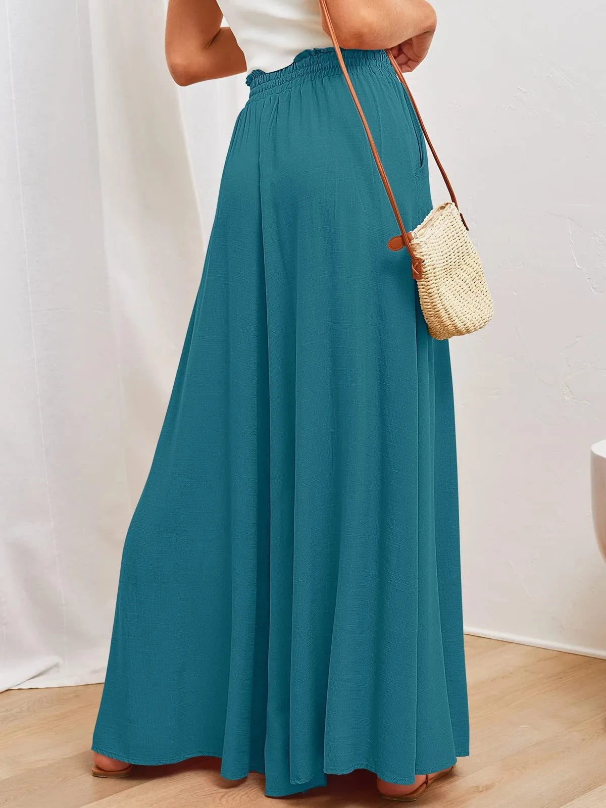 Women's Elastic Long Palazzo Pants Casual Urban Style Tie Detail Polyester Blend Woman Clothes Female Clothing Women's And