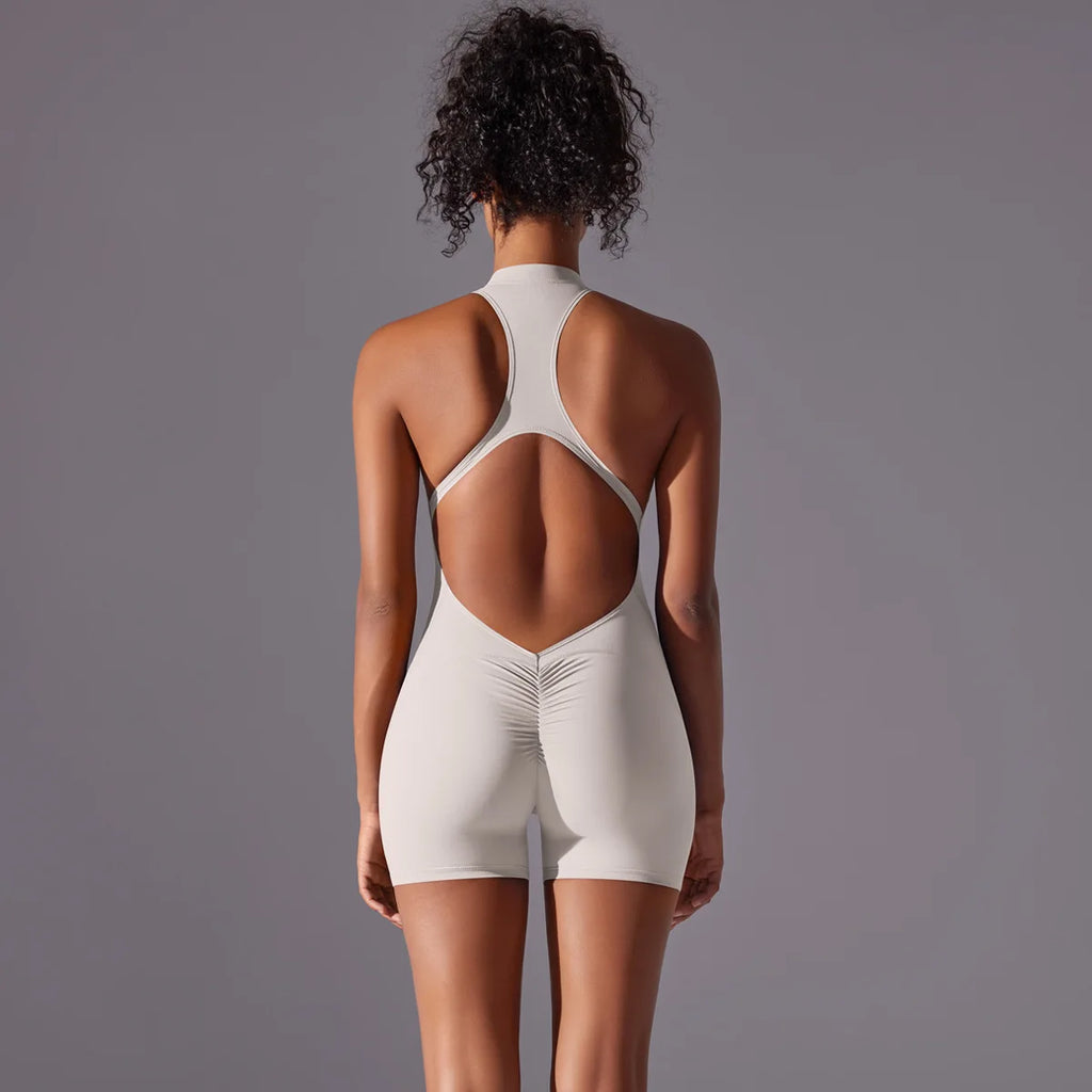 Women's High Neck Zip-Up Yoga Bodysuit, Sleeveless Hollow Back Scrunch Butt Lifting Romper, Buttery Soft Workout Activewear