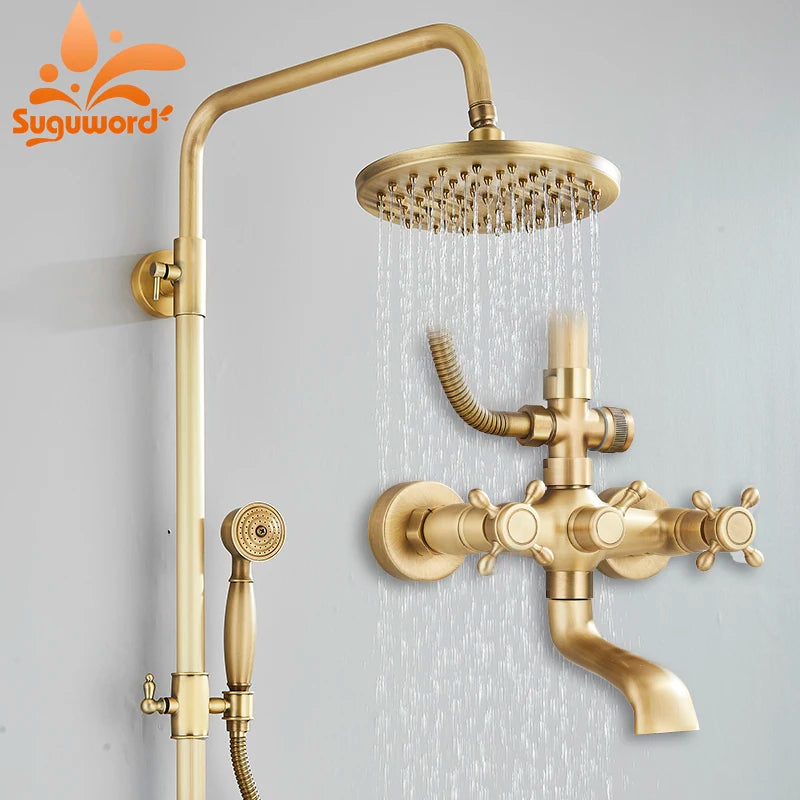 Antique Brass Shower Faucet Set Rainfall Head Shower with Handshower Wall Mount Dual Handle Mixer Bathroom Shower System