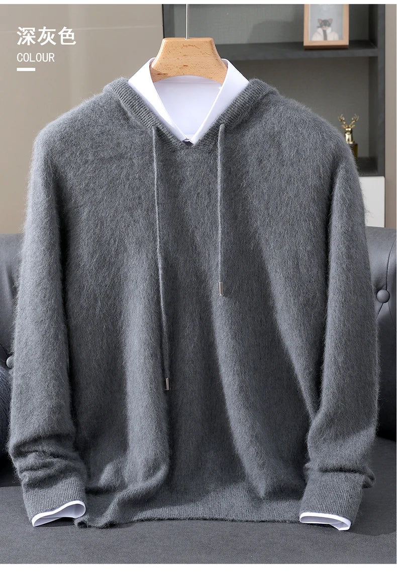 2025 Autumn Winter Hooded Collar Mink Cashmere Knitted Sweater Men's Drawstring Pullover High-End Thick Casual Sweater Loose Fit