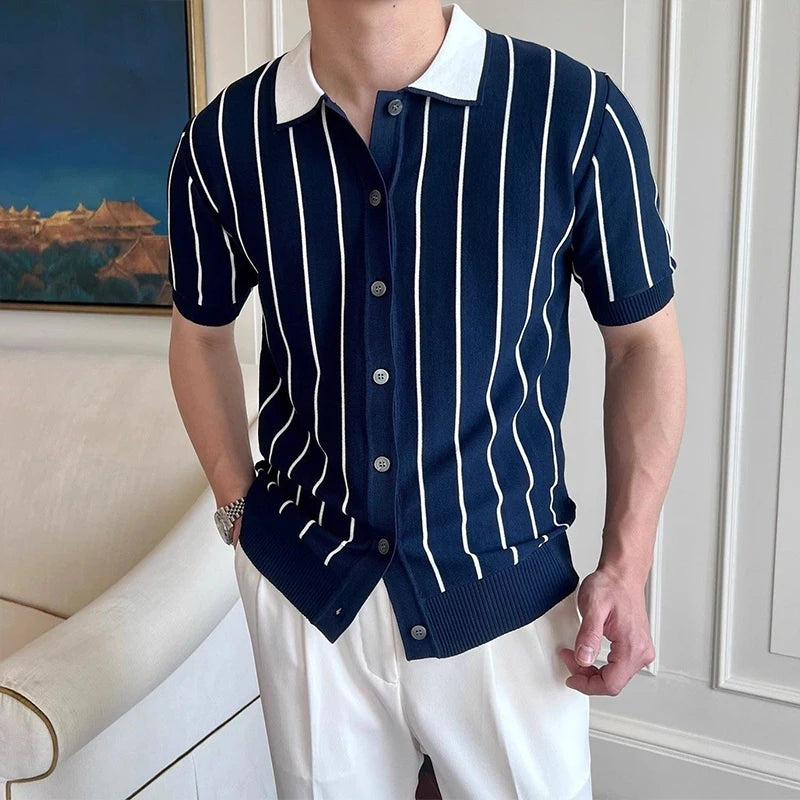 New Men Fashion Knitted Cardigan Tops Casual Patchwork Polo Shirt Leisure Striped Short Sleeve Shirts All-match Breathable Tees
