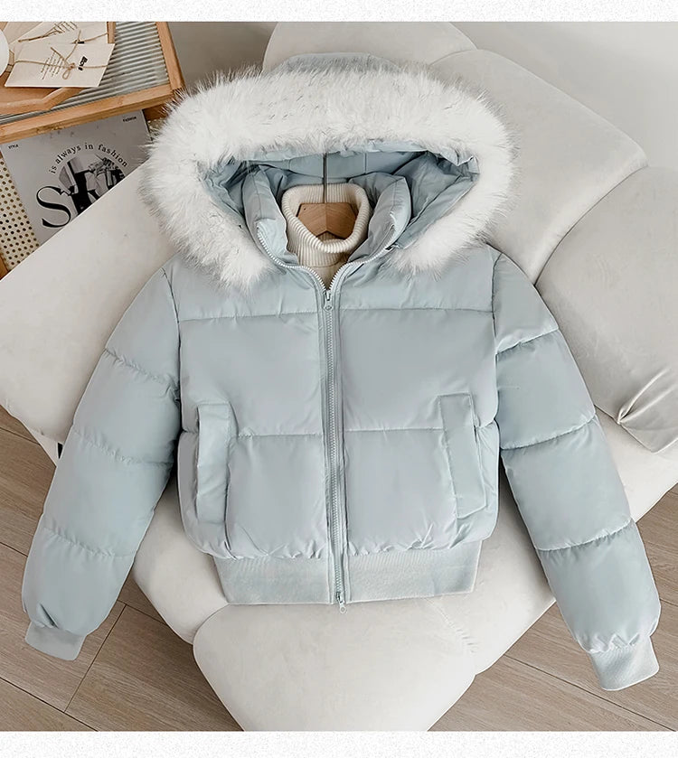 Women's Short Thickened Winter Cotton Jacket Quilted Coat Fur Collar American Retro Style Warm Casual Fashion Regular Fit