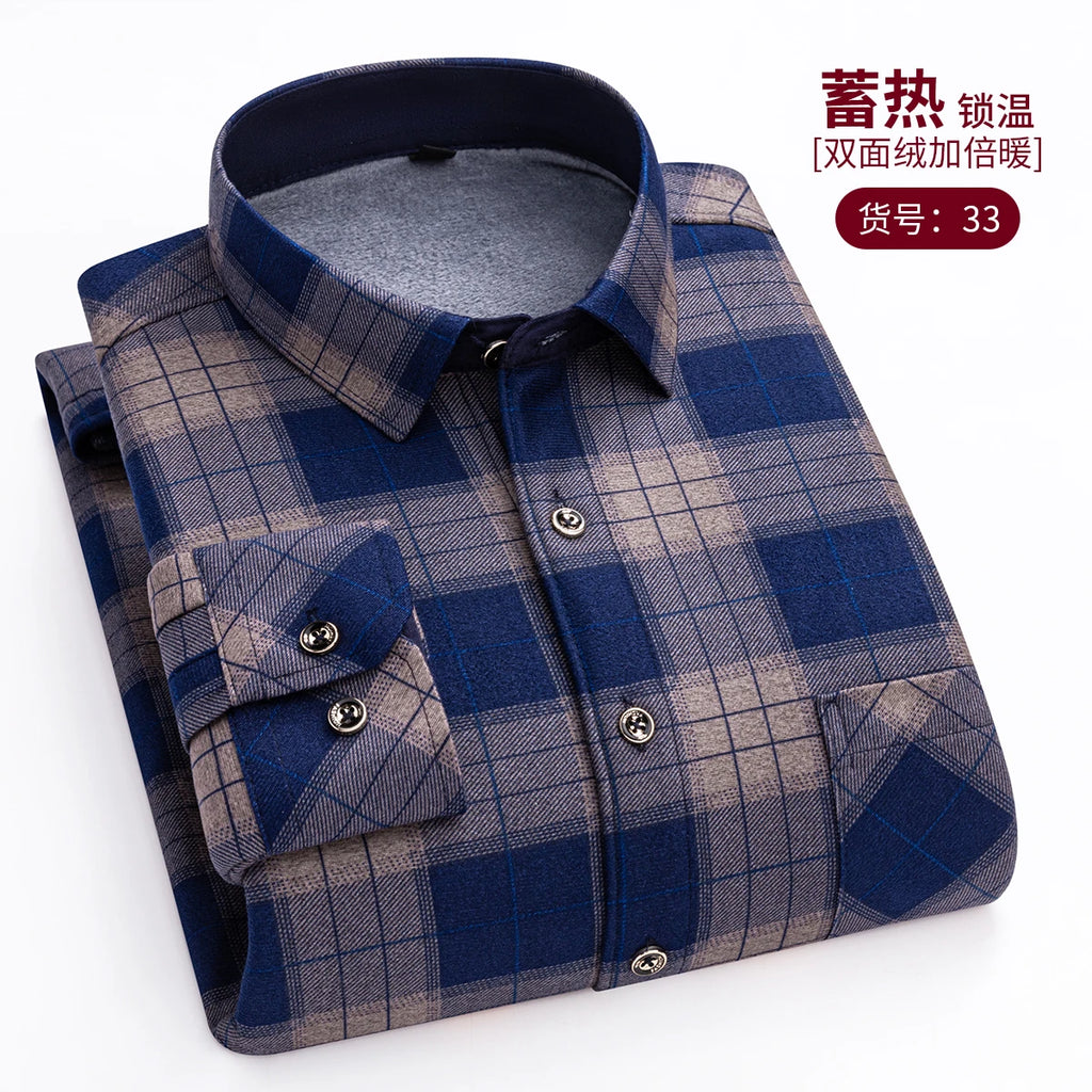 Men's Fashion Warm Long-sleeved Plaid Shirts Thickened Double-sided Fleece Cold-resistant Plus-size Casual Business Check Shirts