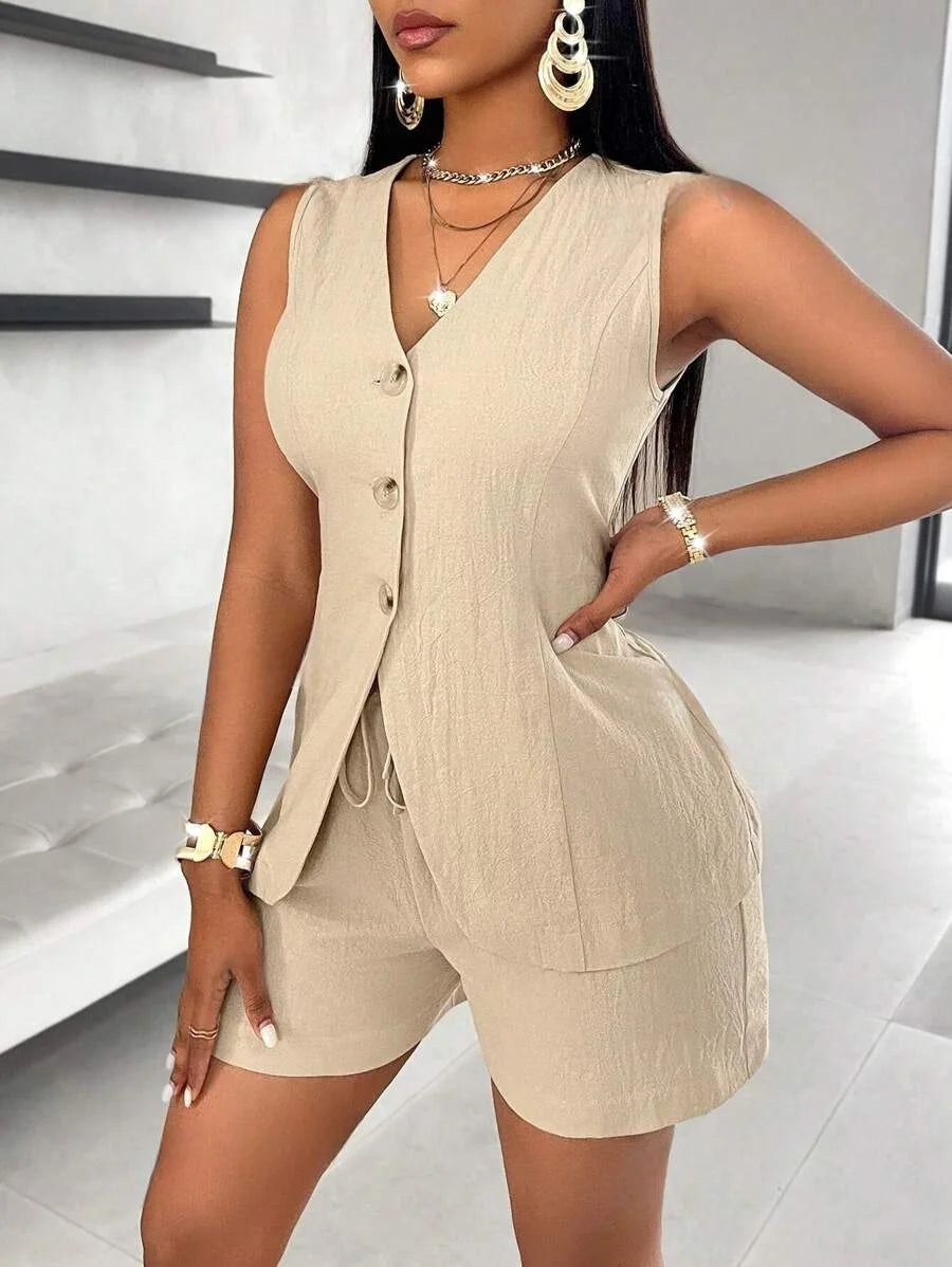 Fashion Casual Shorts Set 2-piece Women's Comfortable Casual Solid Color Button Sleeveless Vest Lace Up Shorts Set