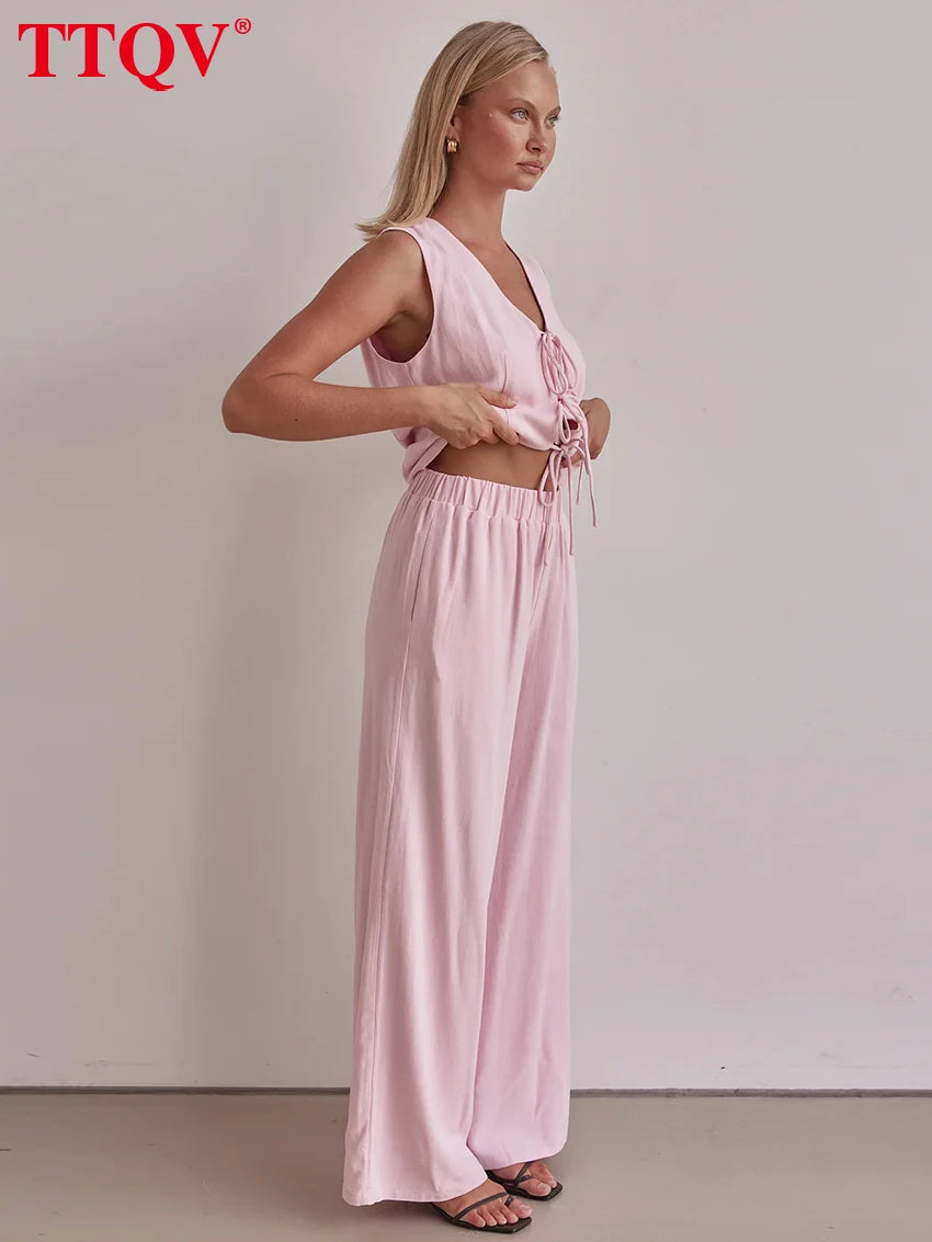 TTQV Summer Loose Pink 2 Piece Sets Woman Outfit Fashion Sleeveless Tank Top With High Waist Wide Pants Set Female Streetwear