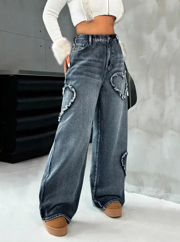 Women Retro Heart Raw Edge Spliced Jeans Heavy Washed Loose Straight Wide Leg Denim Pants Spring Autumn Casual Trousers