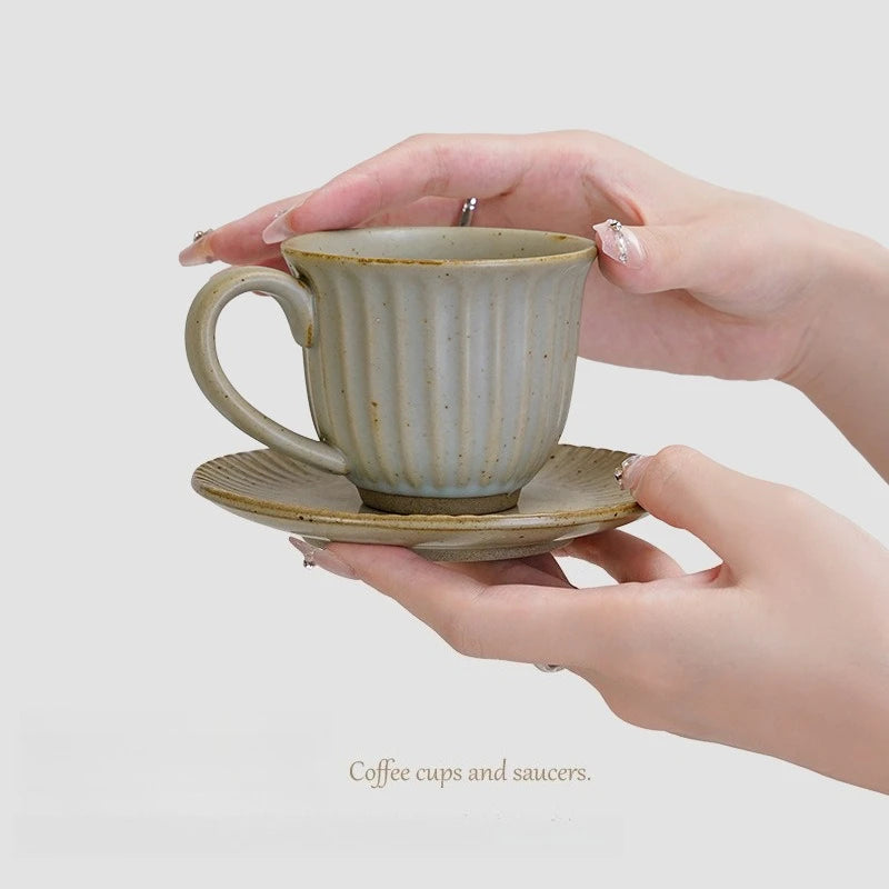 A Set of Cups and Plates Coffee Cup Retro Style Ceramic Striped Office Afternoon Tea Coarse Pottery Drinking Water Milk Cup