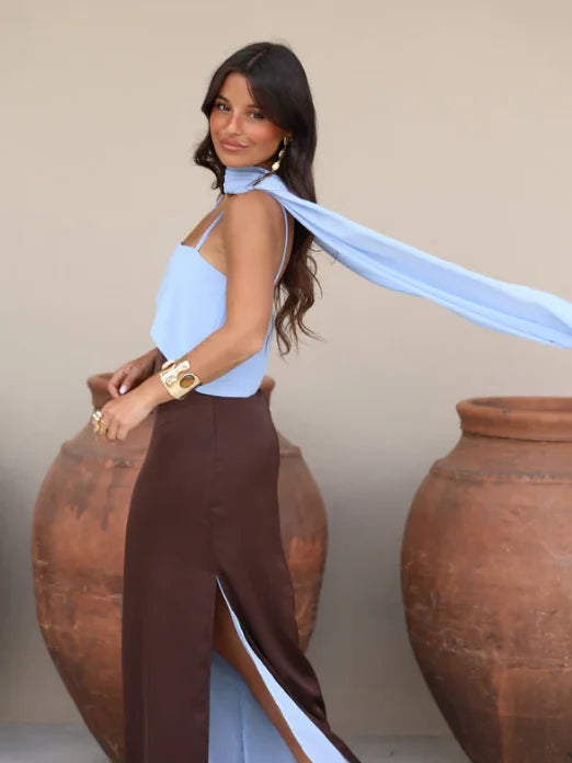 Color Blocking Scarf Collar Suspender Women Maxi Dress Spaghetti Strap High Split Floor Length Evening Dresses Lady Party Robes