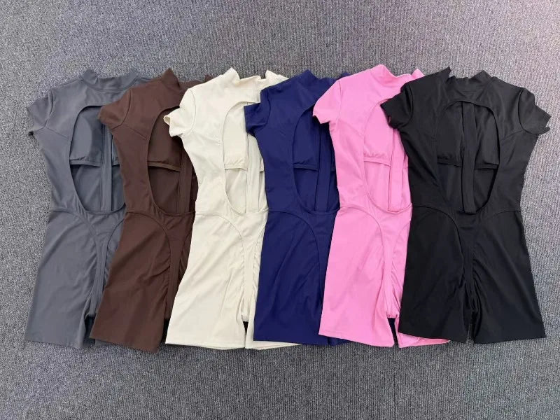 Women's Seamless Yoga Jumpsuits Sports Fitness Hip-lifting Short-sleeved Backless Training Workout Gym Shorts One-piece