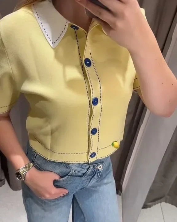 Casual Yellow Lapel Knitted Sweater Women Chic Short Sleeve Single Breasted Warm Pullover Lady Autumn Commute Street Outwear New