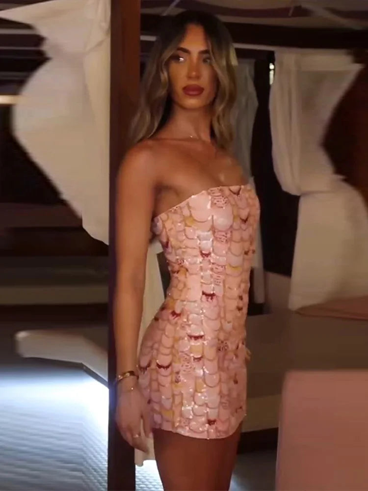 Fish Scale Sequins Strapless Bodycon Dress Women Elegant Shining Sleeveless Slim Mini Dresses 2026 Summer Party Vacation Gowns