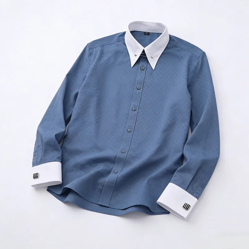 Embroidered French Cufflinks Men's Long-Sleeve Shirt with Collar Pins No tie Big Collar Dress Shirt for Business Formal Gentlema