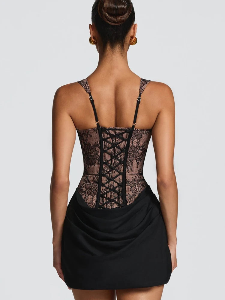 RLMABABY Sexy Lace Splice Ruched Women Mini Bodycon Dress Slim Square Collar Backless Corset Back Lace Up Club Party Short Dress