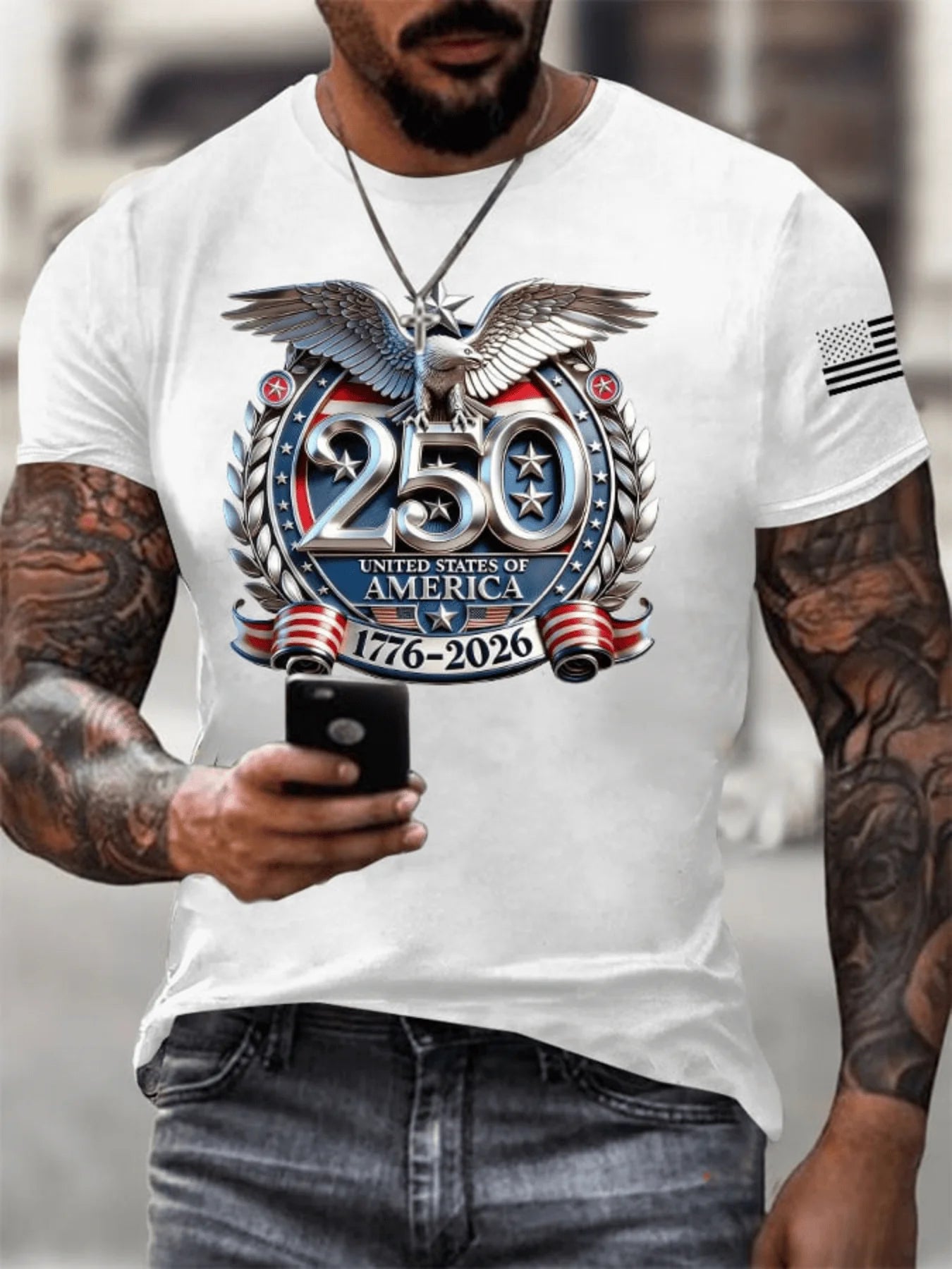 Men's USA 250th Anniversary Eagle Print T-Shirt - Commemorative Short Sleeve Round Neck Casual & Athletic Wear Casual Outfits