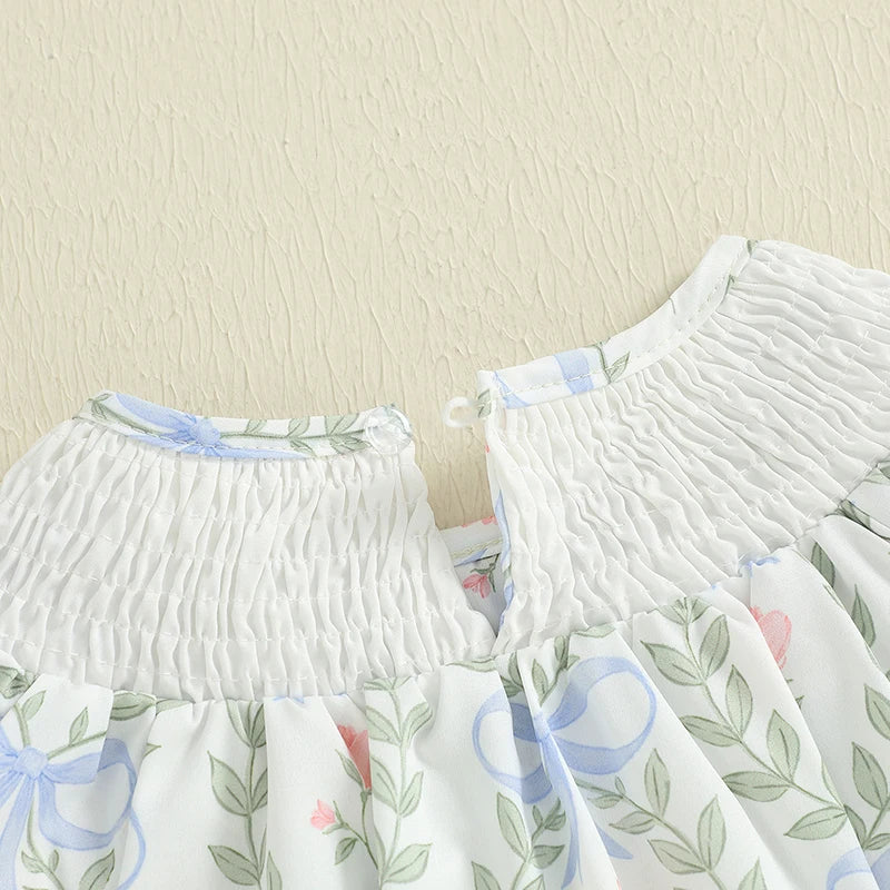 Summer Newborn Clothing Baby Girls Romper Fly Sleeve Crew Neck Bow Leaves Print Infant Jumpsuit Summer Clothes