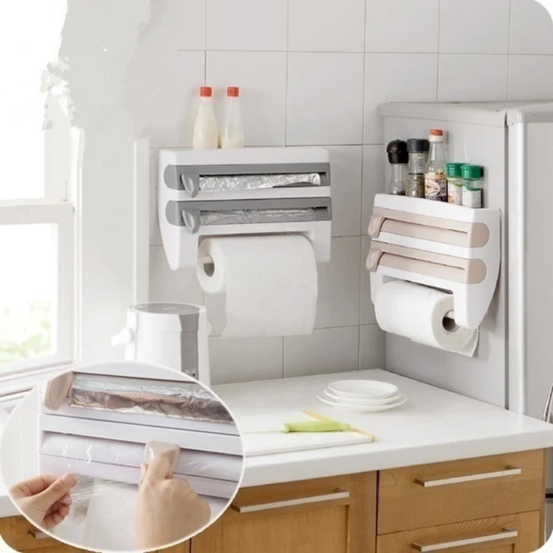Kitchen Cling Film Tissue Holder Sliding Knife Cutter Aluminum Foil Barbecue Paper Cutting Box Household Towel Storage Racks