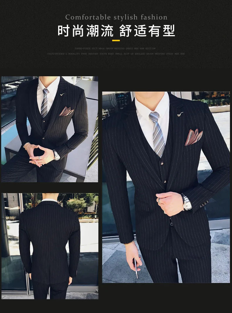 S-7XL ( Blazer + Vest + Pants ) Striped Plaid Solid Color Mens Formal Business Suit 3Pcs Set Groom Wedding Social Show Dress