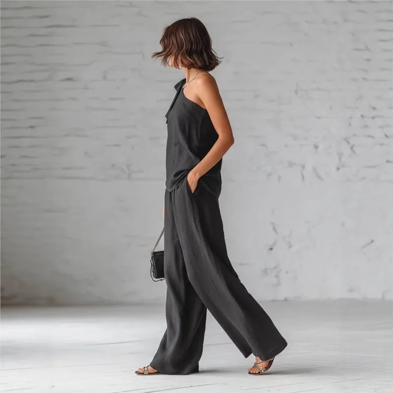 Casual Loose Summer Pants Set 2026 One Shoulder Single Strap Sleeveless Top+Wide Leg Pants Women's Casual Sportswear 2-piece Set