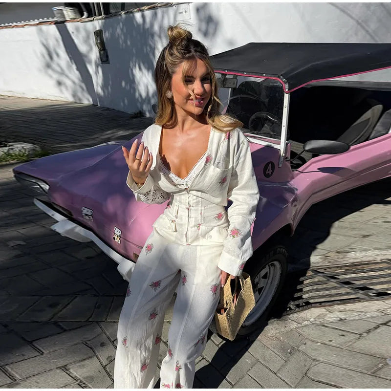Elegant Print Women's Jumpsuits Fashion Long Sleeve V-neck Zippers Female Overalls 2026 Summer Autumn All-match Lady Outfit