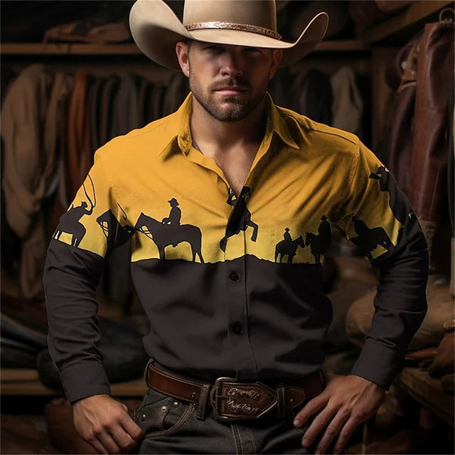 2024 Retro Fashion Simple Long Sleeve Western Denim Men's Social Shirt Top Rock Men's Street Retro Fashion Casual Clothing