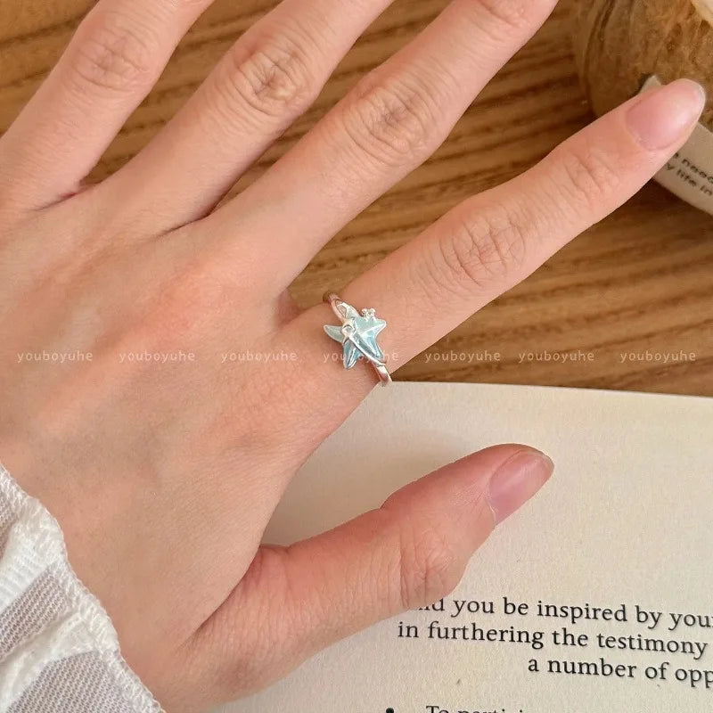 Sweet Blue Starfish Shell Rings for Women Girls Fashion Imitation Pearl Open Rings Summer Ocean Vacation Jewelry Accessories