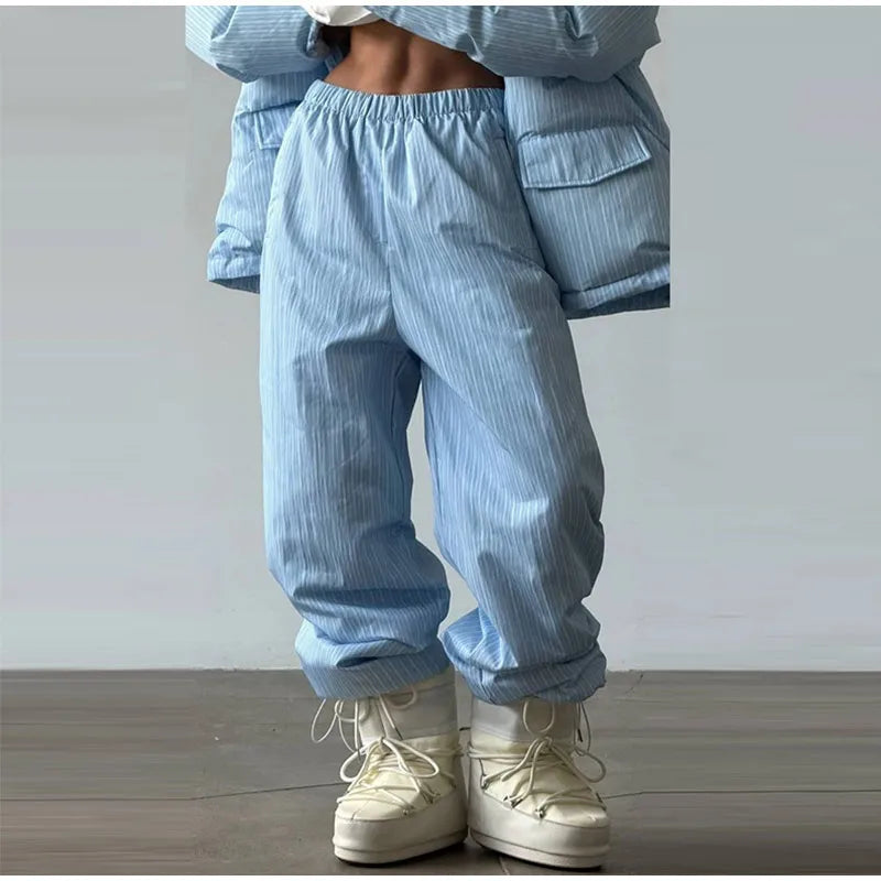 Street Striped Women's Cotton Coat Trouser Suits Hooded Zippers  Autumn Winter Thicken Lady Set 2026 Chic Female Outfits