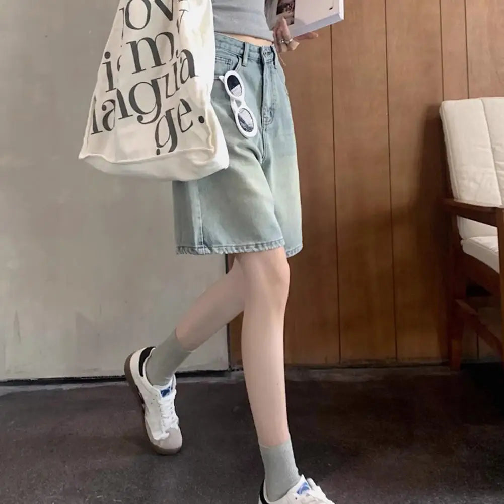 Retro Style Women Denim Shorts High Waist Vintage Washed Straight Wide Leg Button Zipper Knee Length Jeans Shorts Summer