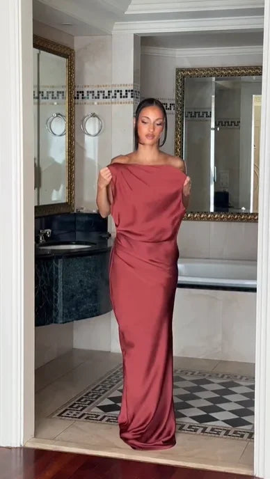 Ruched Waist Satin Long Dress Solid Bodycon Sleeveless Cowl Neck Fishtail Women Dresses 2026 Summer Lady Formal Evening Gowns