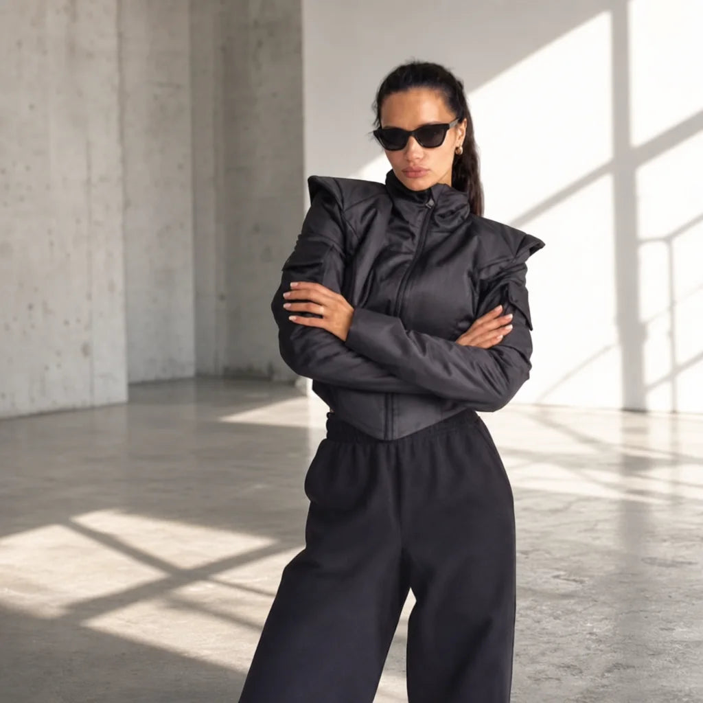 Women Sporty Cropped Padded Jacket Stand Collar Zip‑Up Shoulder Pad Long Sleeve Slim Fit Warm Coat Casual Chic Ladies Outerwear