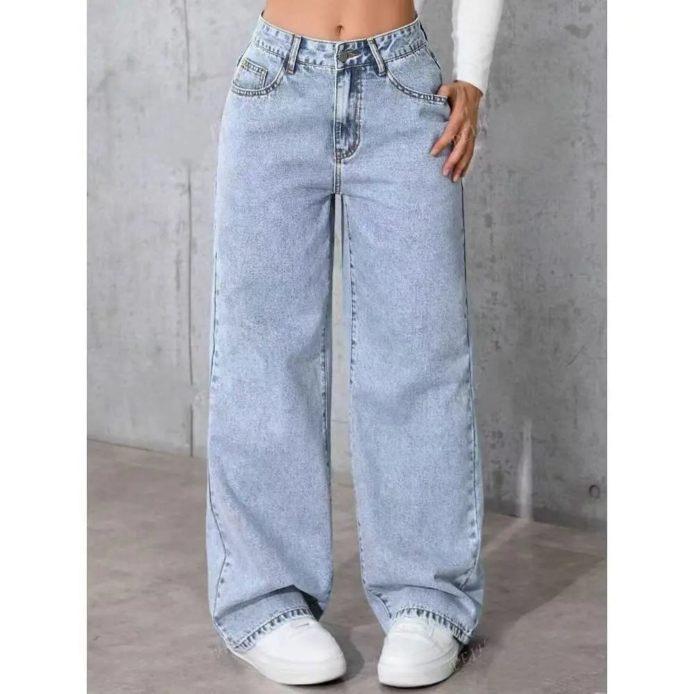 High-Waisted Straight-Leg Jeans Women's Pants Loose Fit American Blue Washed Fashion with Front & Back Pockets Daily Casual Wear
