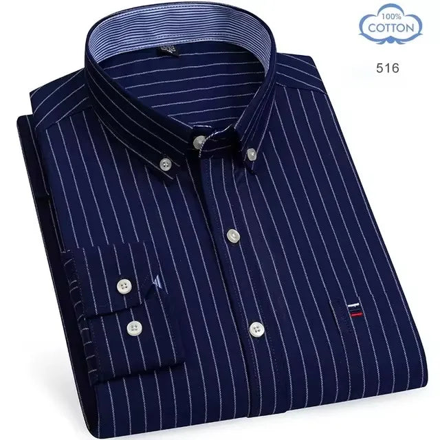 100% Pure Cotton Oxford Shirts for Men Long Sleeve Plaid Shirt Striped Male Business Checked Red Shirt Mans Designer Clothes 7XL