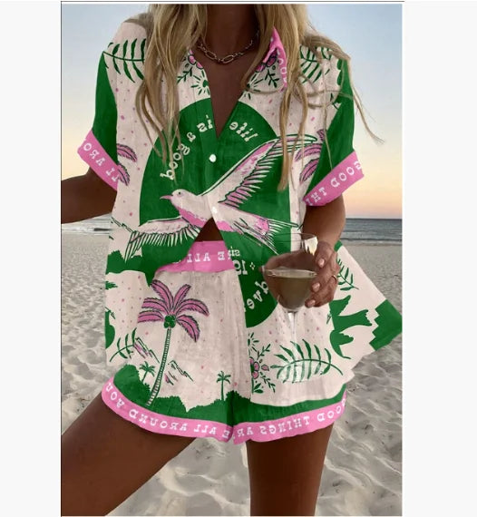 2025 New Summer Vacation Shorts Set 3D Printed Seaside Tropical Casual Lapel Shirt Blouse Top Shorts 2-Piece Suits Beach Holiday