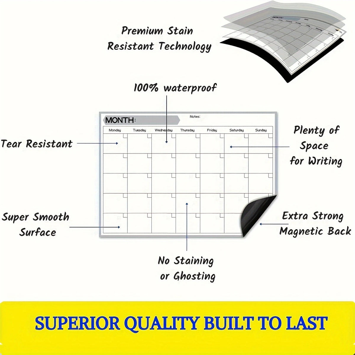Material Magnetic Refrigerator Calendar - Dry Erase Monthly Planner - 17x12 Rectangle Whiteboard Fridge with 4 Markers and Erase